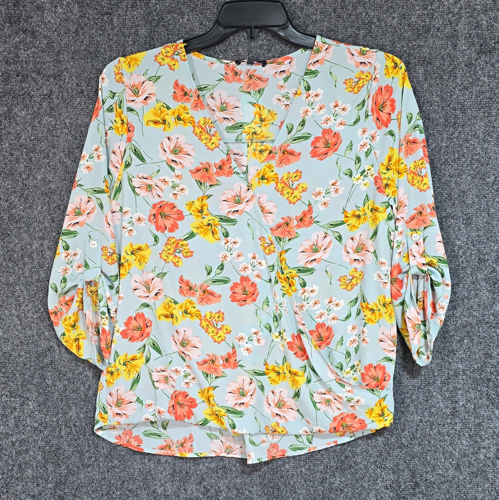 West Kei Womens L Light Blue Multicolor Floral V-Neck Roll Tab 3/4 Blouse NWT